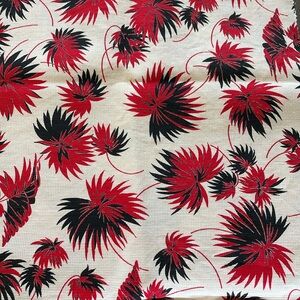 Unusual vintage fabric remnant, black/red floral on white; 1950's?, 30" x 18"